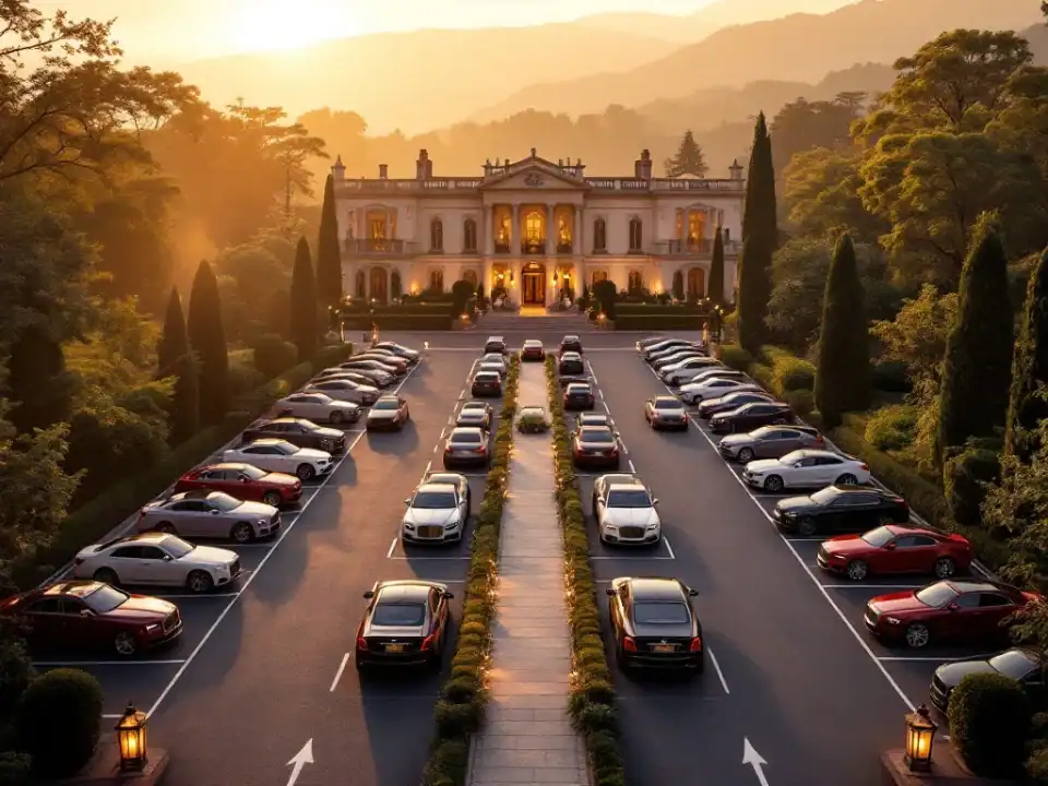 Luchtfoto van georganiseerde parkeerplaats bij elegante trouwlocatie tijdens gouden uur met historische villa op achtergrond