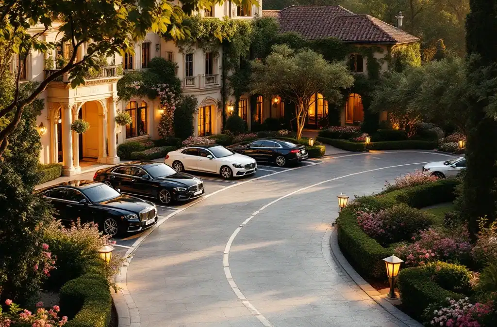 Luxe trouwlocatie met elegante villa, aangelegde tuinen en parkeerplaatsen in warm gouden uurtje licht