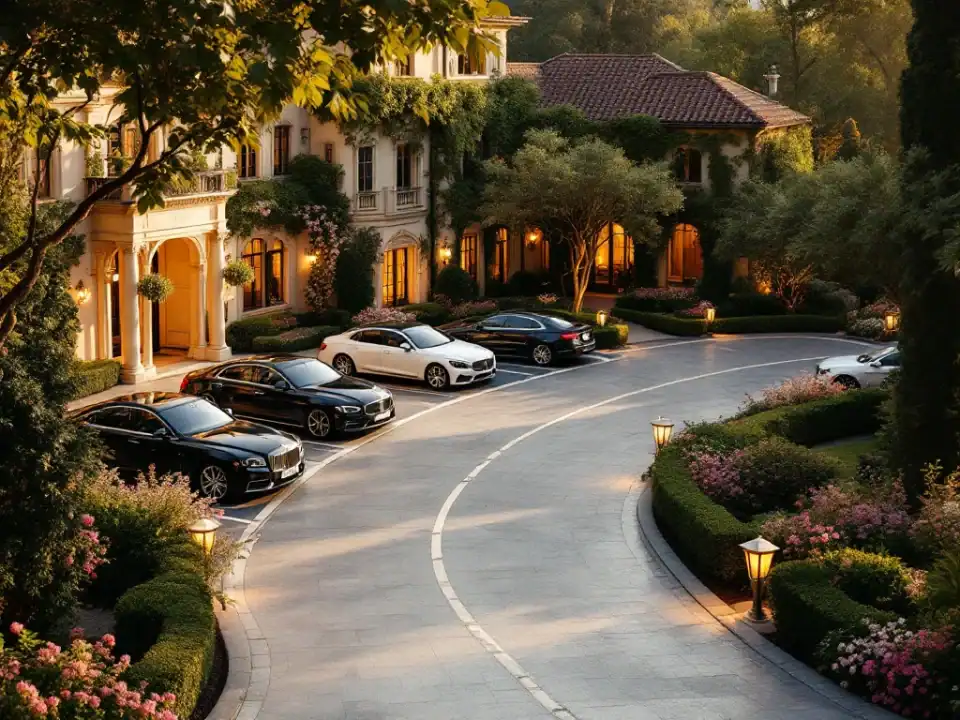 Luxe trouwlocatie met elegante villa, aangelegde tuinen en parkeerplaatsen in warm gouden uurtje licht