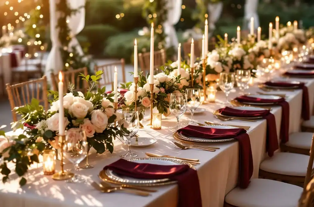 Elegante bruiloft tafelopstelling met witte linnen, kristal glazen, roze rozen en kaarsen in romantische tuinlocatie