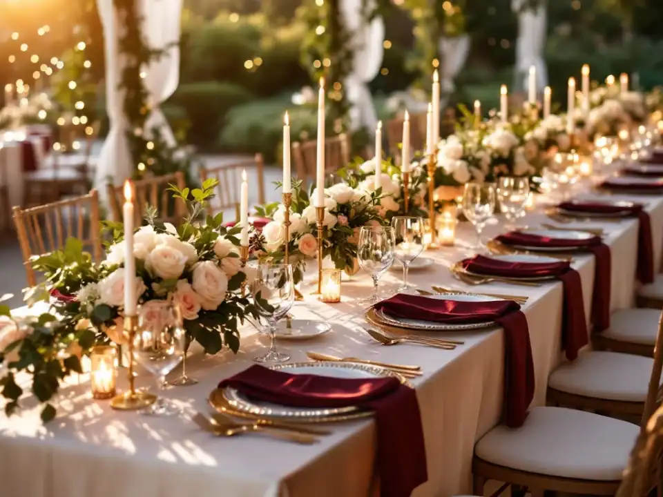 Elegante bruiloft tafelopstelling met witte linnen, kristal glazen, roze rozen en kaarsen in romantische tuinlocatie