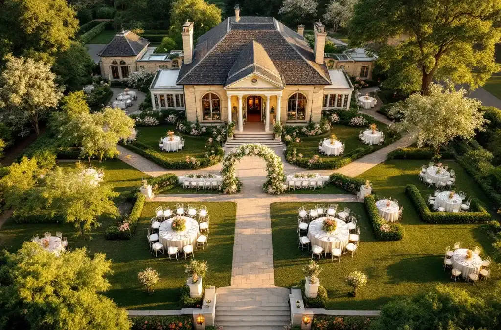 Luchtfoto van Villa Flora trouwlocatie met historische stenen villa, aangelegde tuinen en ceremonie opstelling