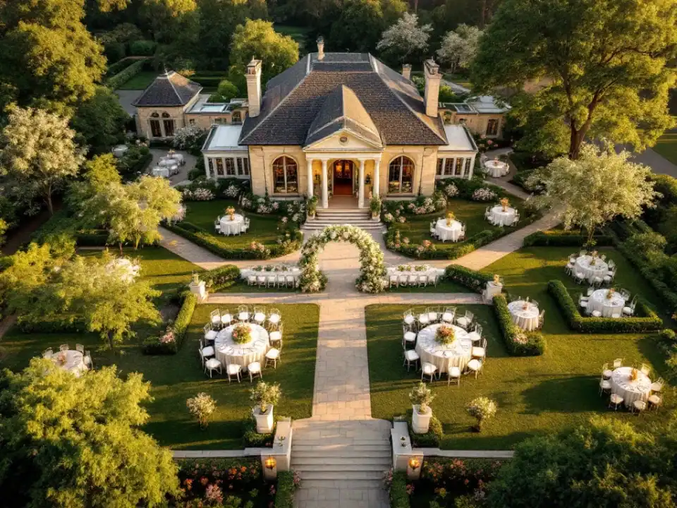 Luchtfoto van Villa Flora trouwlocatie met historische stenen villa, aangelegde tuinen en ceremonie opstelling