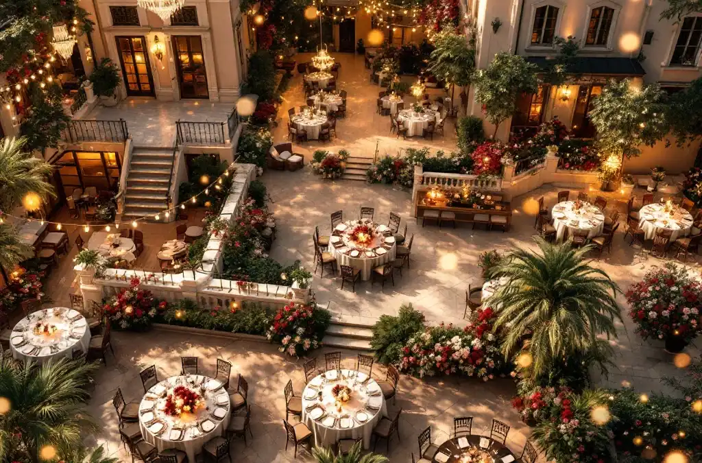 Bovenaanzicht van elegante trouwlocaties: ballroom, terras, villa-binnenplaats en moderne evenementenruimte met bloemen