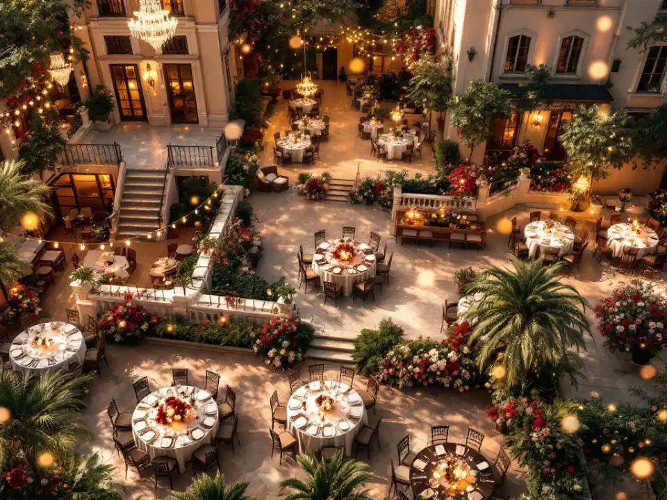 Bovenaanzicht van elegante trouwlocaties: ballroom, terras, villa-binnenplaats en moderne evenementenruimte met bloemen