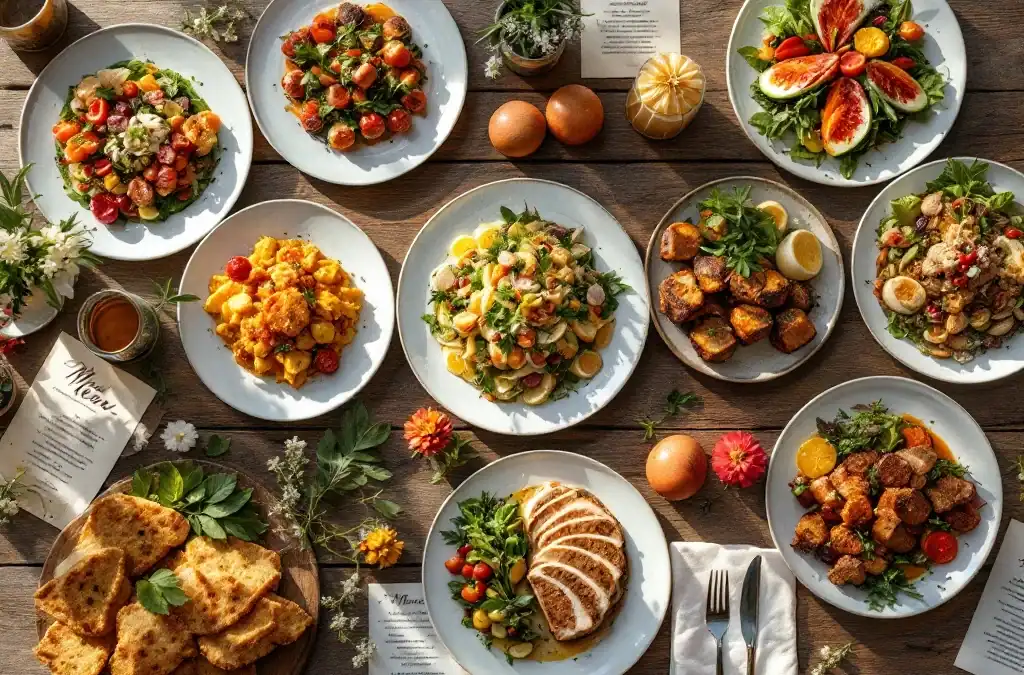 Elegante bruiloft menu selectie met gourmet gerechten, handgeschreven kaarten en bloemen op rustieke houten tafel