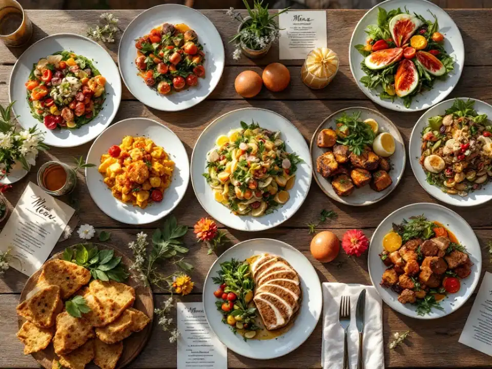 Elegante bruiloft menu selectie met gourmet gerechten, handgeschreven kaarten en bloemen op rustieke houten tafel
