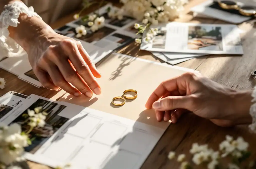 Elegante handen schikken trouwplanningselementen op rustieke houten tafel met bloemen, ringen en kalender in natuurlijk licht
