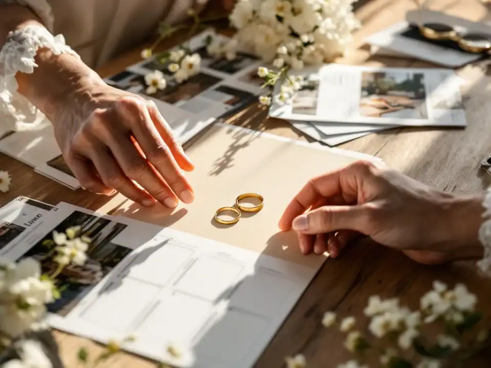 Elegante handen schikken trouwplanningselementen op rustieke houten tafel met bloemen, ringen en kalender in natuurlijk licht