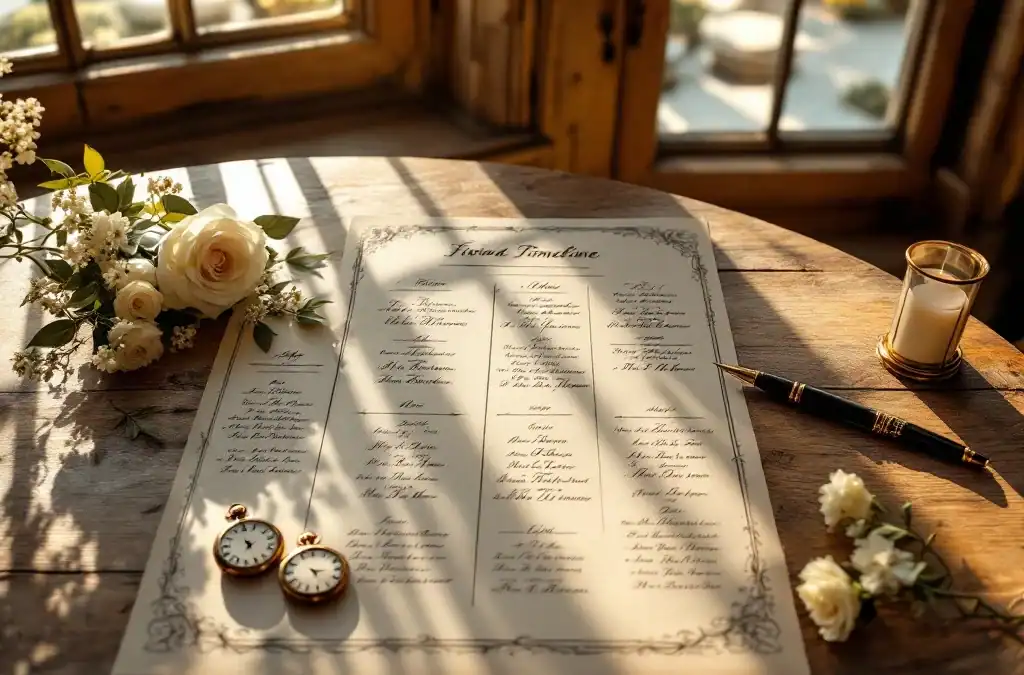 Bruiloft tijdschema met kalligrafie en rozen op houten tafel bij Villa Flora, verlicht door gouden zonlicht