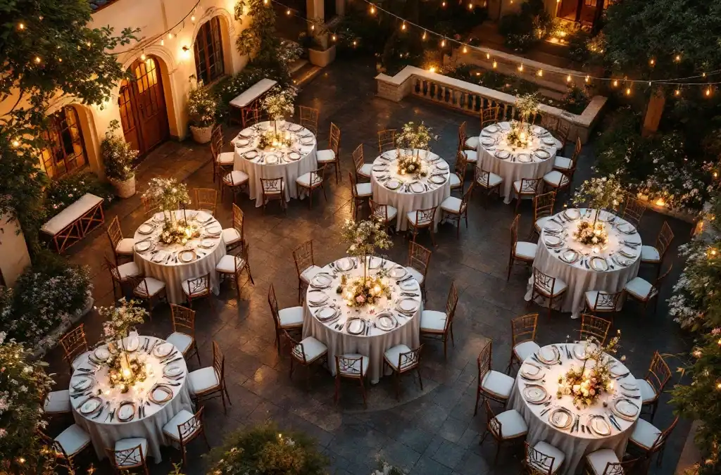 Luchtfoto van elegante bruiloft receptie met thematische tafeldecoraties en sfeerlichte in historische villa tuin