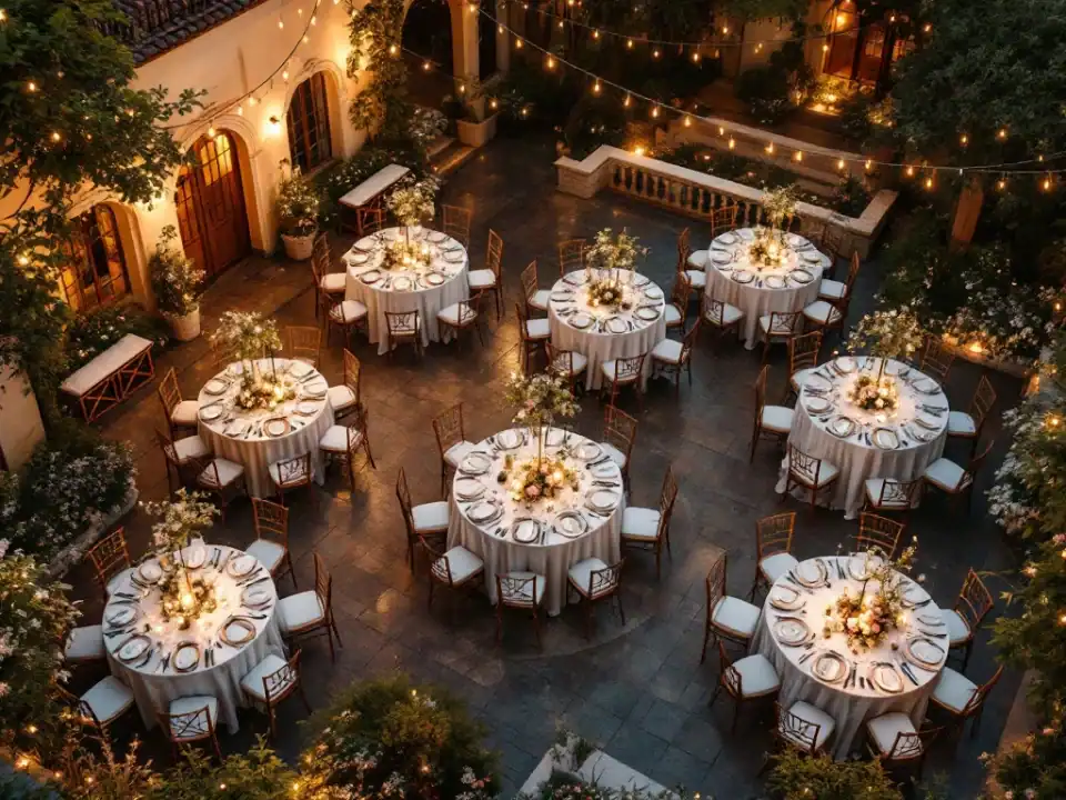 Luchtfoto van elegante bruiloft receptie met thematische tafeldecoraties en sfeerlichte in historische villa tuin