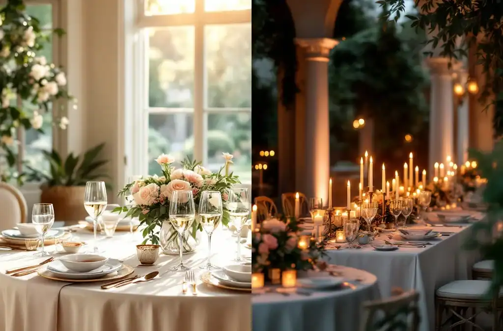 Split-screen vergelijking van Villa Flora bruiloft tafeldecoratie: lichte lunch opstelling links, romantisch diner rechts