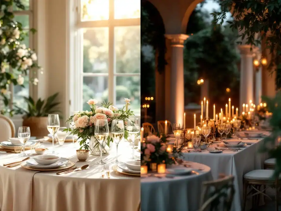 Split-screen vergelijking van Villa Flora bruiloft tafeldecoratie: lichte lunch opstelling links, romantisch diner rechts