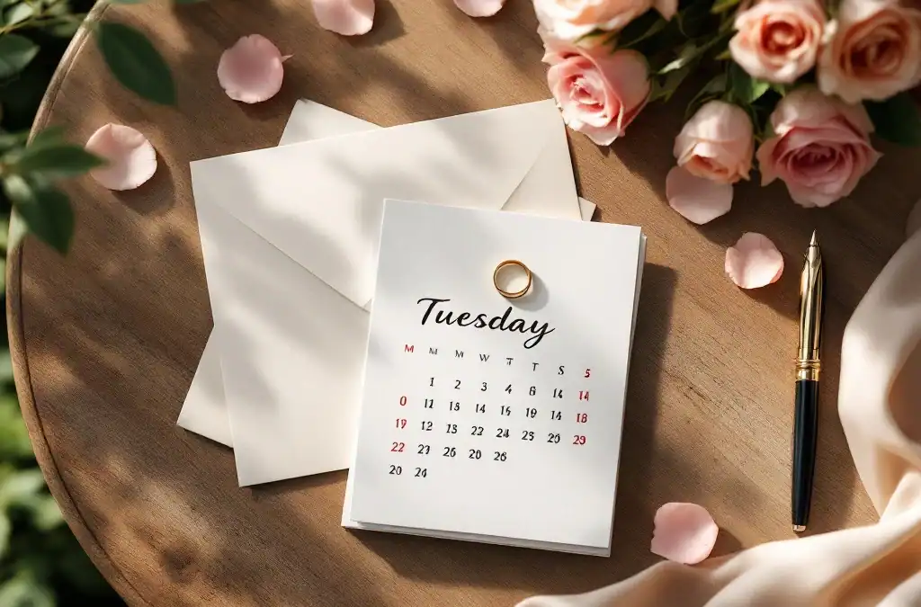 Gouden trouwring op kalender dinsdag met cremekleurige uitnodigingen en rozenblaadjes op houten tafel