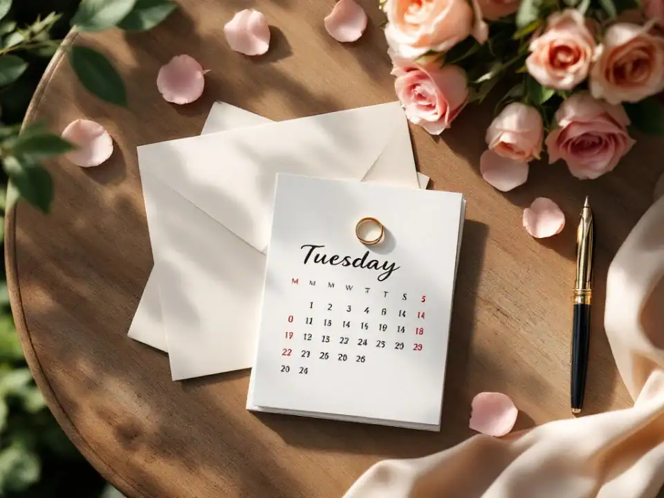 Gouden trouwring op kalender dinsdag met cremekleurige uitnodigingen en rozenblaadjes op houten tafel