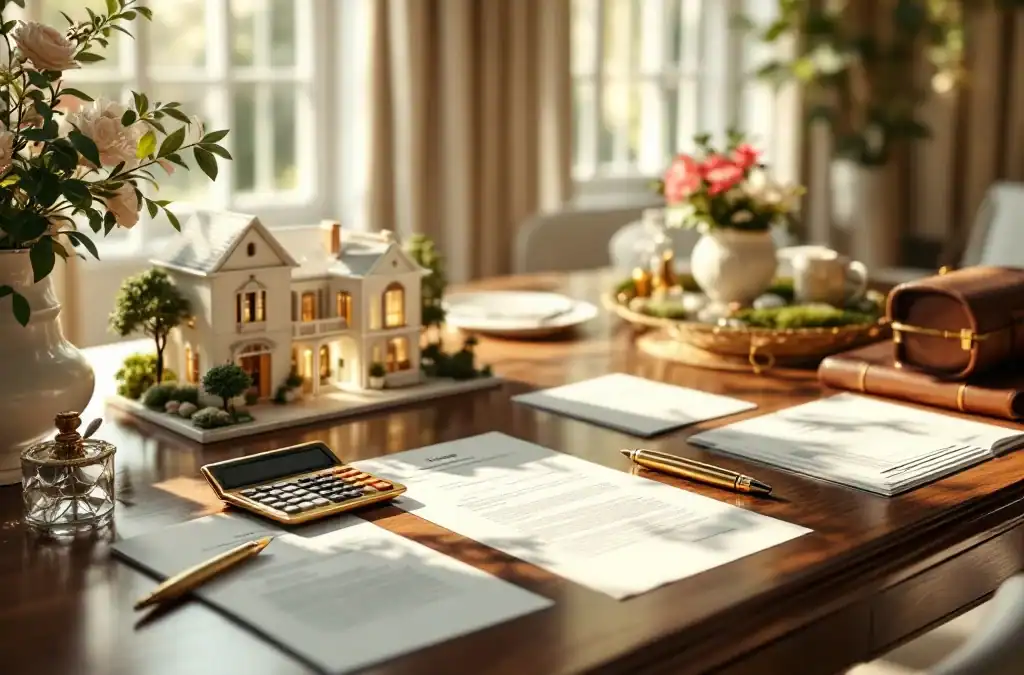Elegante bruiloft onderhandelingstafel met contract documenten, calculator en Villa Flora architectuurmodel op mahoniehout