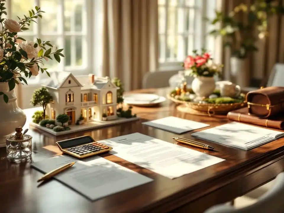Elegante bruiloft onderhandelingstafel met contract documenten, calculator en Villa Flora architectuurmodel op mahoniehout