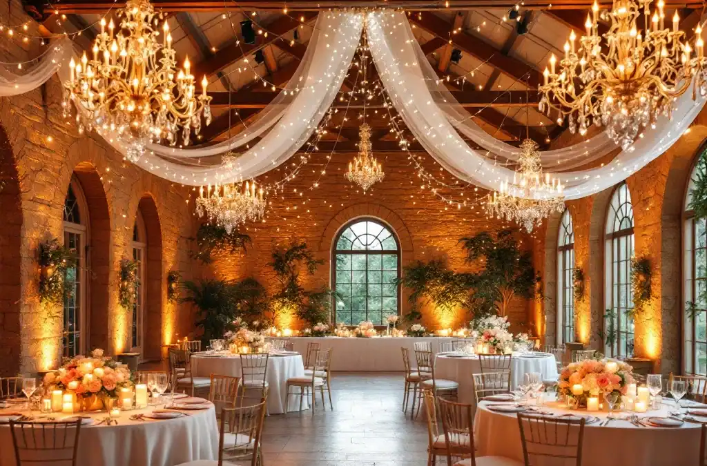 Elegante trouwzaal met kristallen kroonluchters, kaarslicht en sfeerlampjes in warme romantische tinten bij Villa Flora