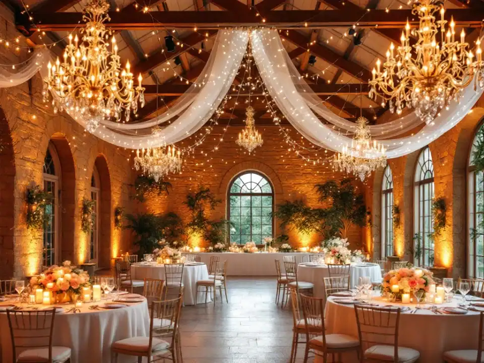 Elegante trouwzaal met kristallen kroonluchters, kaarslicht en sfeerlampjes in warme romantische tinten bij Villa Flora