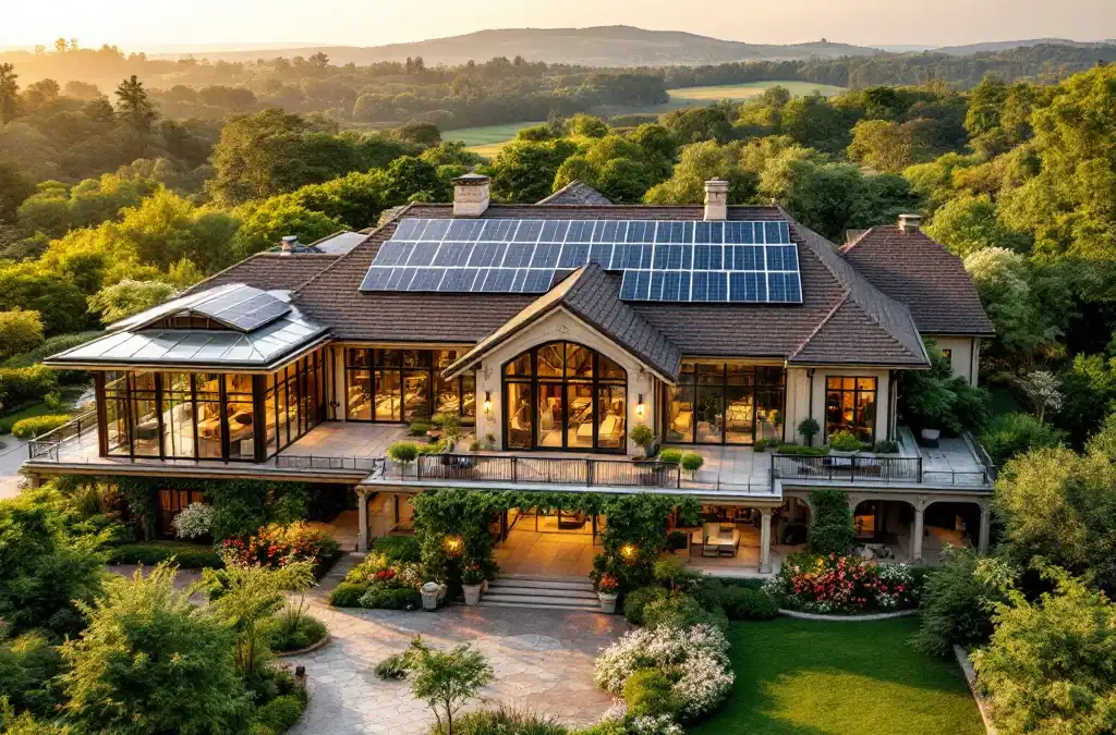 Luchtfoto van duurzame trouwlocatie met zonnepanelen, historische villa, groene tuinen en elektrische laadstations