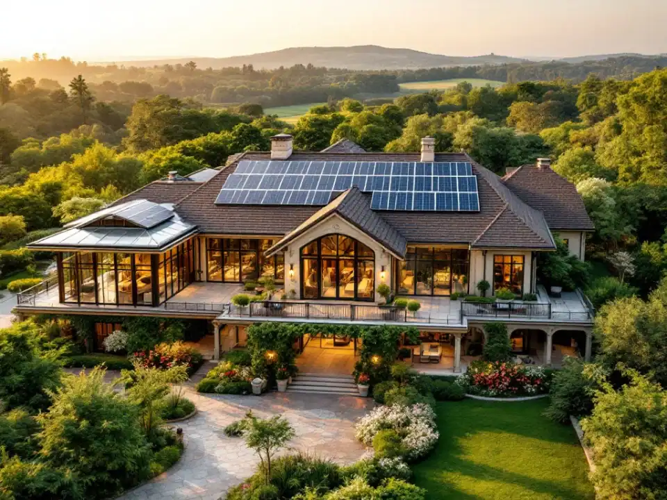 Luchtfoto van duurzame trouwlocatie met zonnepanelen, historische villa, groene tuinen en elektrische laadstations