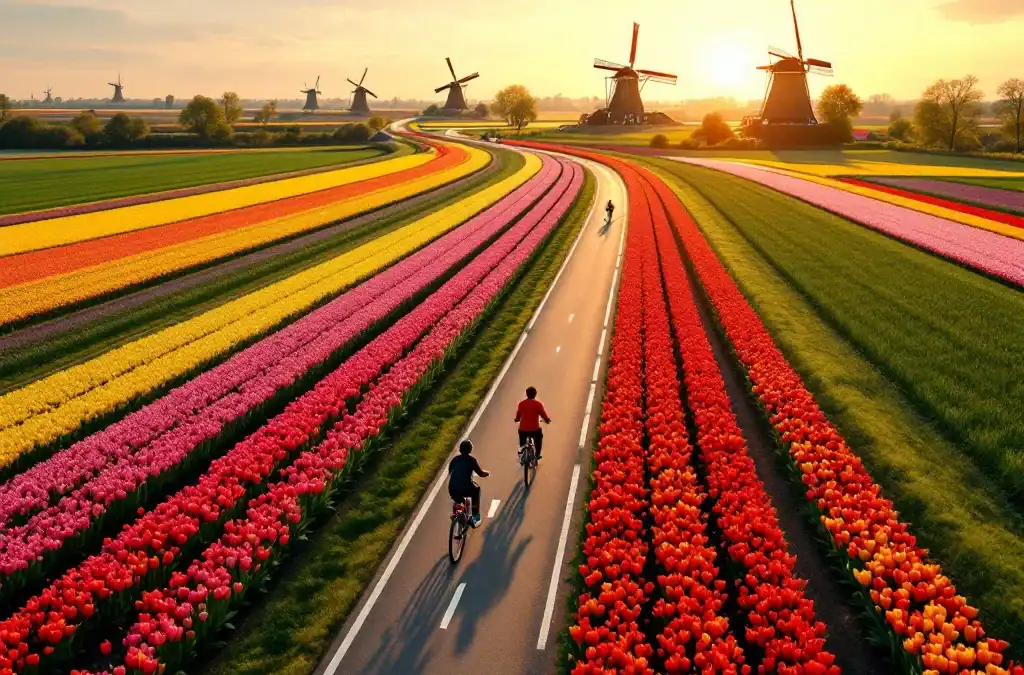 Familie fietst door kleurrijke tulpenvelden in Hillegom met molens op achtergrond tijdens gouden uurtje