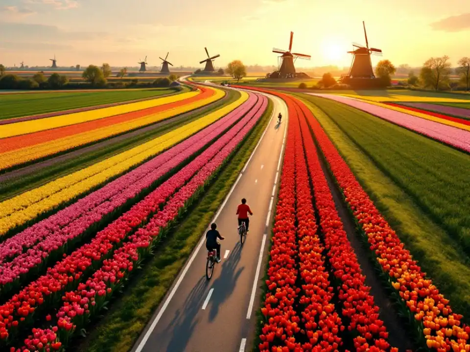 Familie fietst door kleurrijke tulpenvelden in Hillegom met molens op achtergrond tijdens gouden uurtje