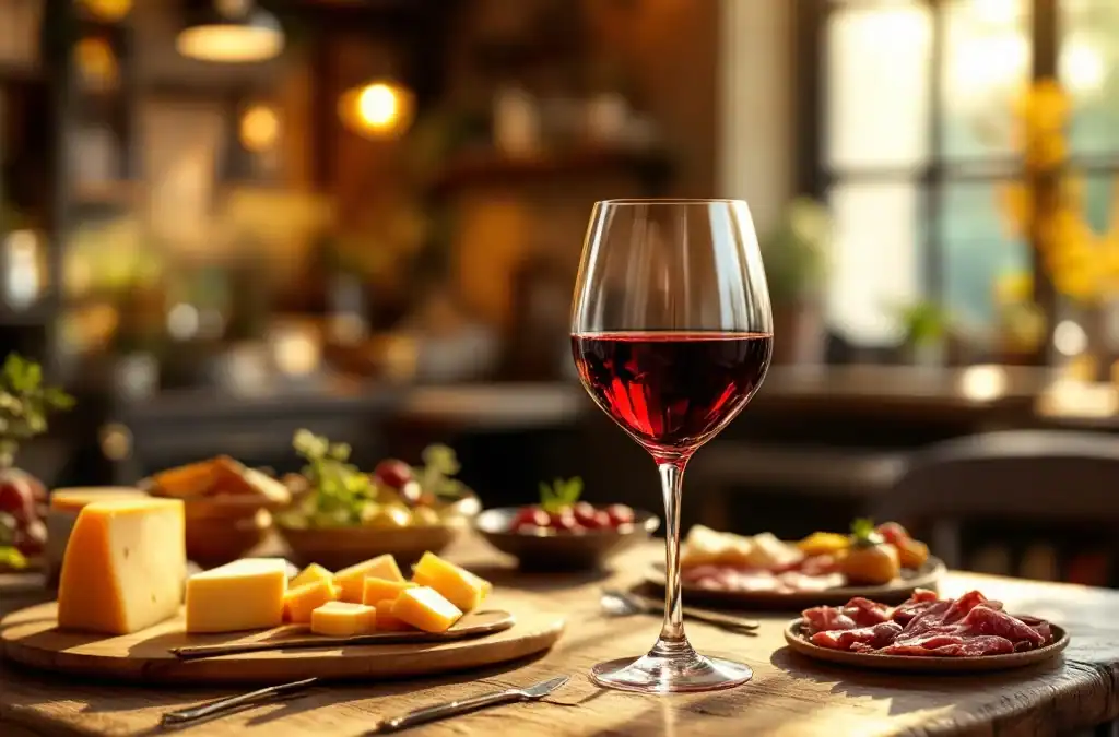 Wijnglas met rode wijn op rustieke tafel met Nederlandse kaas, charcuterie en hapjes in warme sfeerverlichting