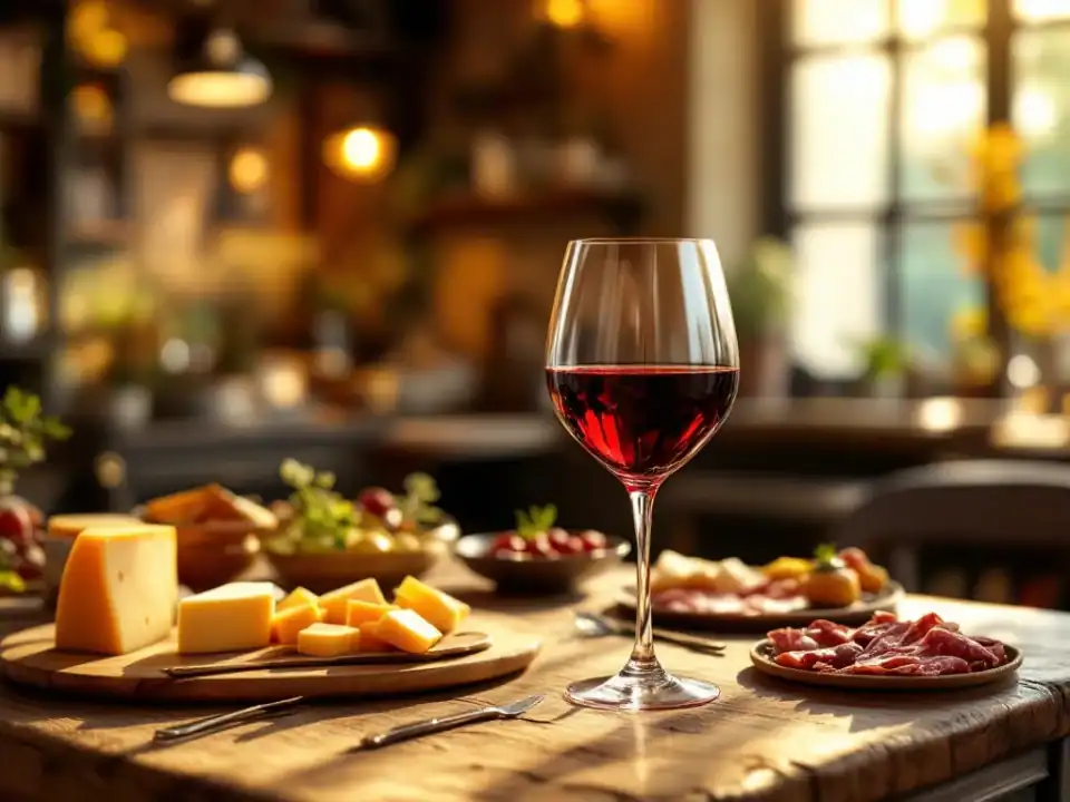 Wijnglas met rode wijn op rustieke tafel met Nederlandse kaas, charcuterie en hapjes in warme sfeerverlichting
