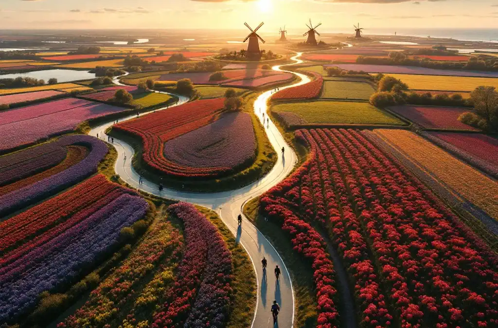 Luchtfoto van drie fietsroutes door Hillegom's landschap met tulpenvelden, molens en duinen bij gouden uurtje