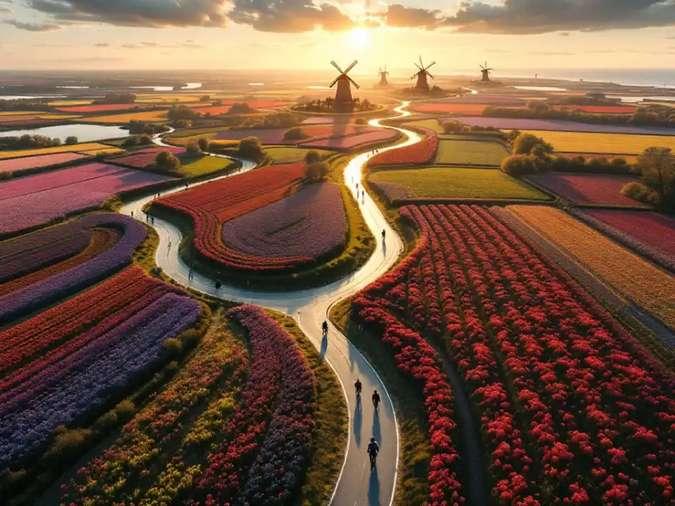 Luchtfoto van drie fietsroutes door Hillegom's landschap met tulpenvelden, molens en duinen bij gouden uurtje