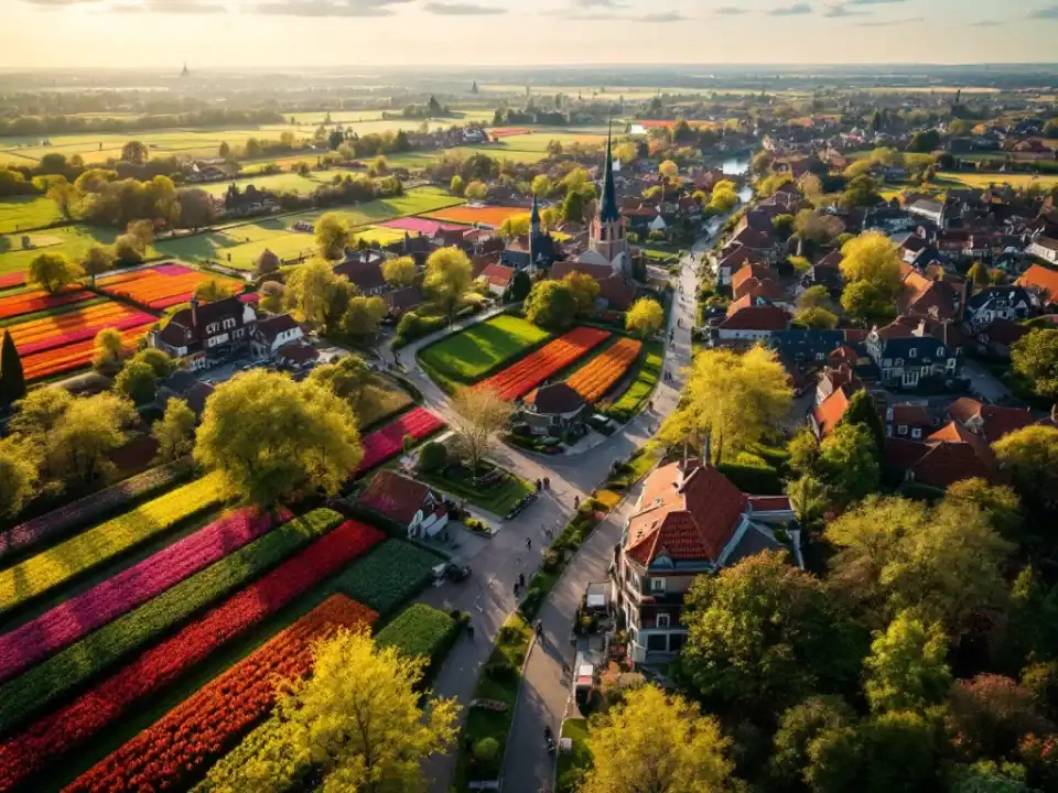 Luchtfoto van Hillegom met kleurrijke tulpenvelden, historische Nederlandse architectuur en fietsroutes door groene parken