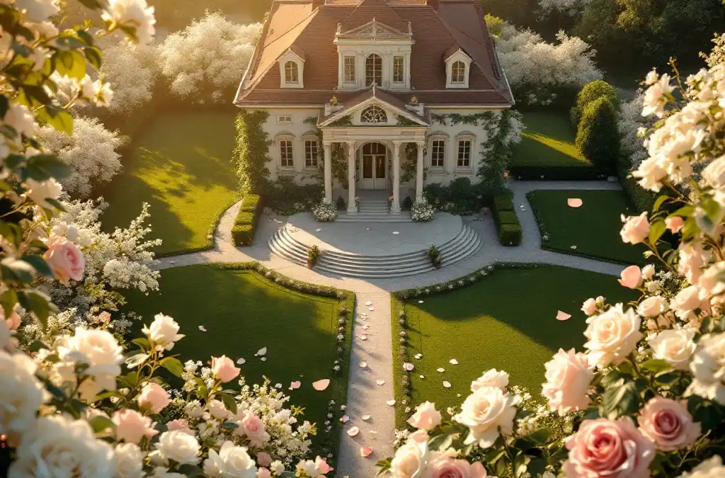 Historische villa met klassieke architectuur omgeven door verzorgde tuinen met witte rozen tijdens gouden uur