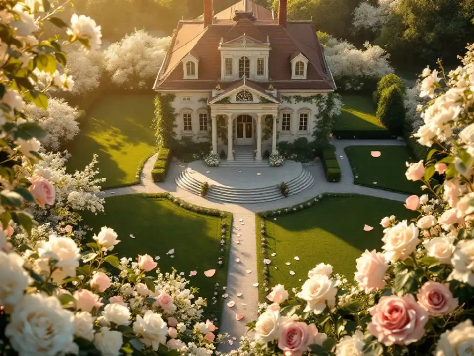 Historische villa met klassieke architectuur omgeven door verzorgde tuinen met witte rozen tijdens gouden uur
