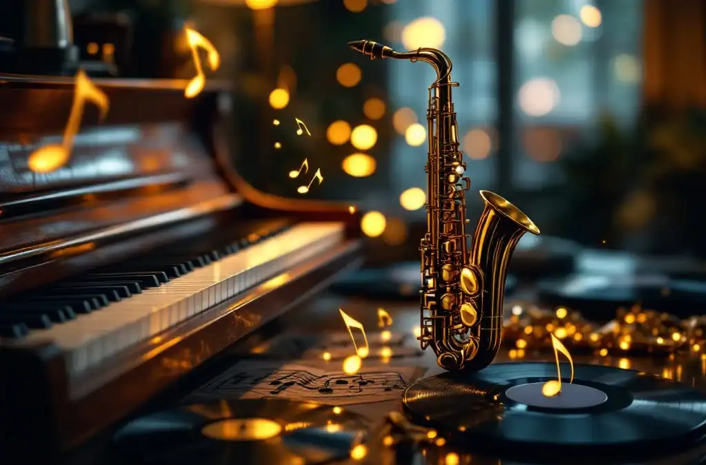 Gouden saxofoon met pianotoetsen en vinylplaten op mahoniehout in warme jazzclub-sfeer
