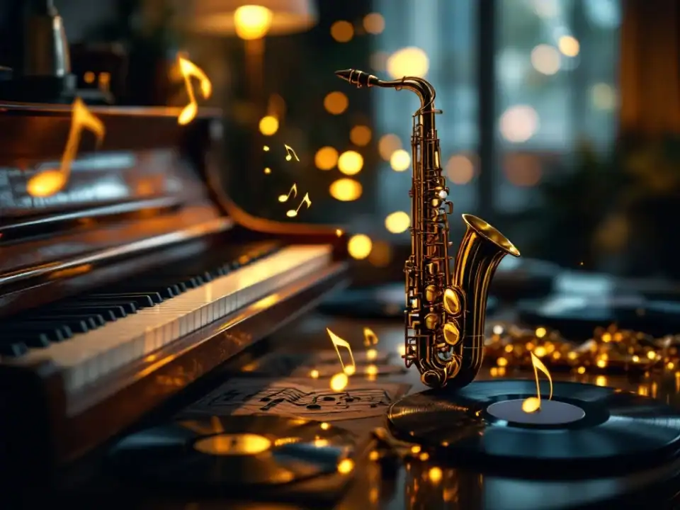 Gouden saxofoon met pianotoetsen en vinylplaten op mahoniehout in warme jazzclub-sfeer