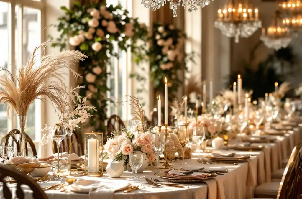 Luxe bruiloftdecoratie met vintage rozen, moderne geometrische stukken, boheemse pampagras en kristallen kroonluchters