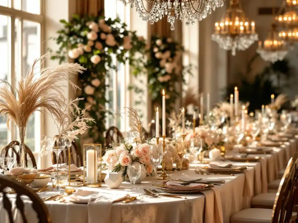 Luxe bruiloftdecoratie met vintage rozen, moderne geometrische stukken, boheemse pampagras en kristallen kroonluchters