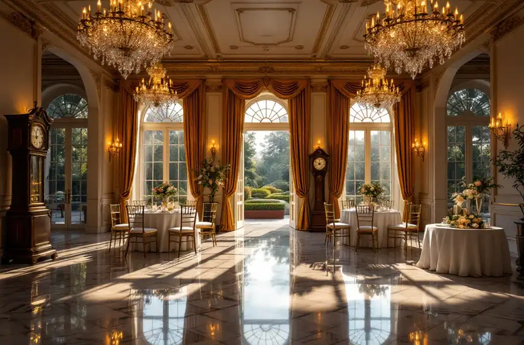 Luxe trouwzaal met kristallen kroonluchters, marmeren vloeren en elegant gedekte tafels bij Villa Flora