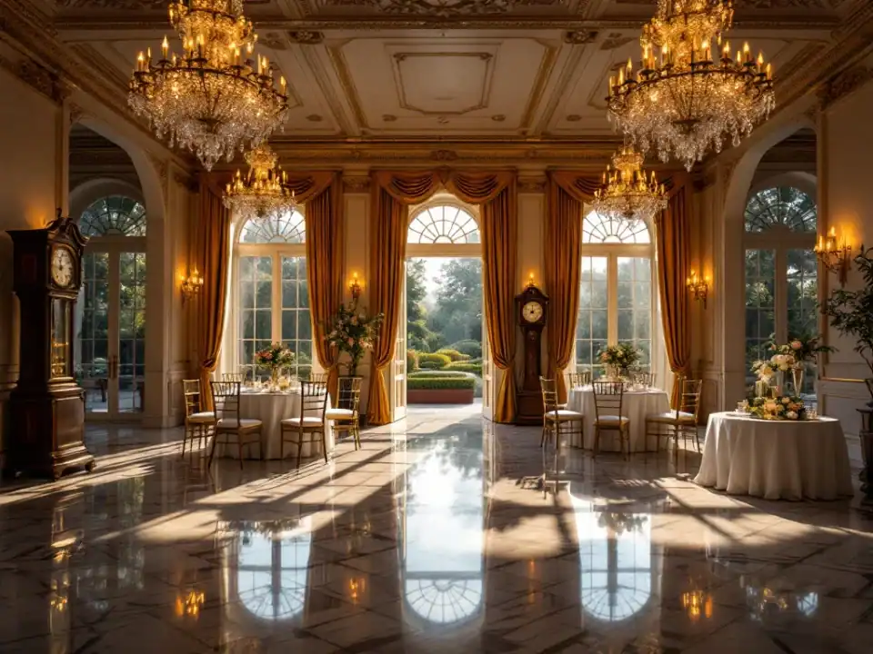 Luxe trouwzaal met kristallen kroonluchters, marmeren vloeren en elegant gedekte tafels bij Villa Flora