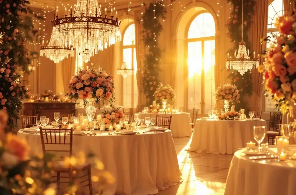 Luxe bruiloftszaal met kristallen kroonluchters, ronde tafels met witte linnen en zachte bloemstukken in gouden licht