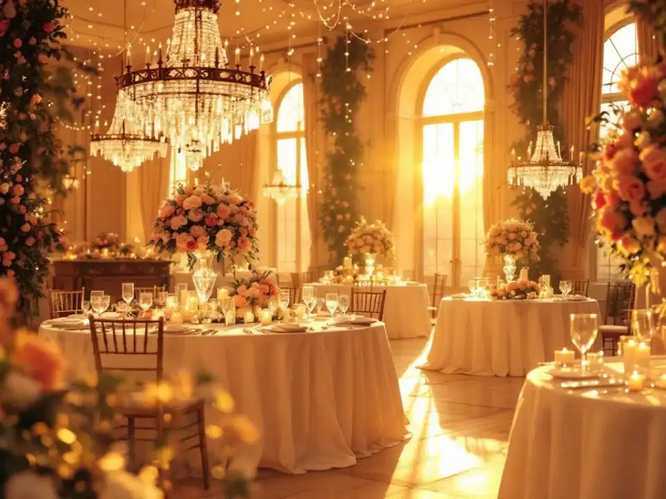Luxe bruiloftszaal met kristallen kroonluchters, ronde tafels met witte linnen en zachte bloemstukken in gouden licht
