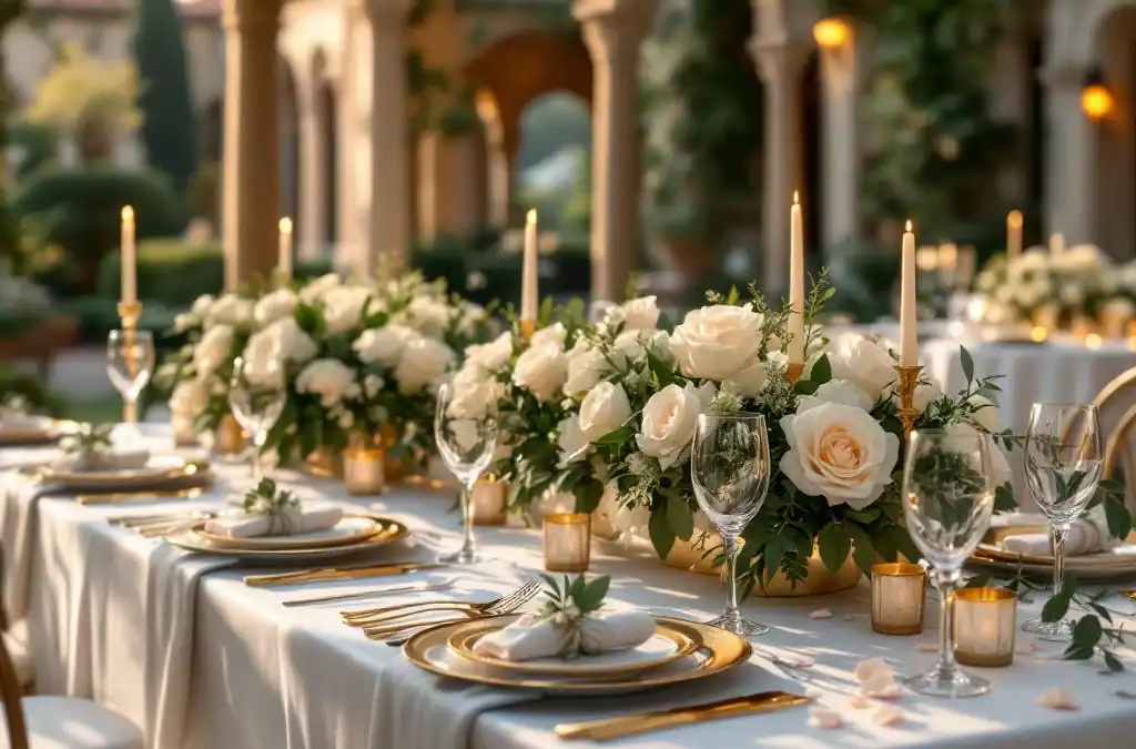 Luxe bruiloft tafelopstelling in villa tuin met witte linnen, gouden borden, kristal glazen en witte rozen centerpieces
