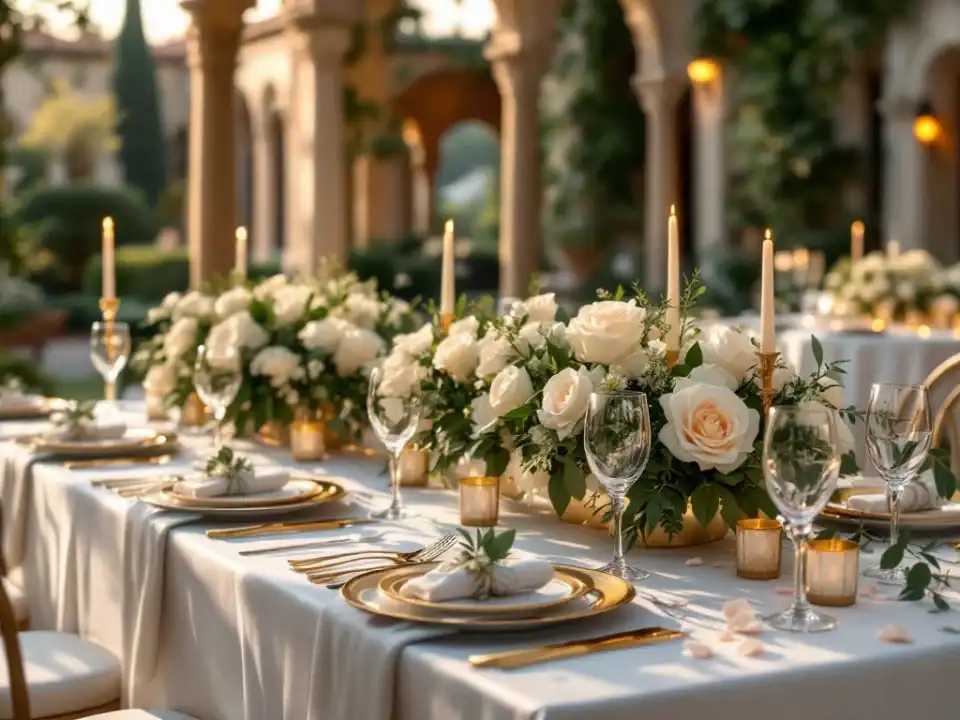 Luxe bruiloft tafelopstelling in villa tuin met witte linnen, gouden borden, kristal glazen en witte rozen centerpieces