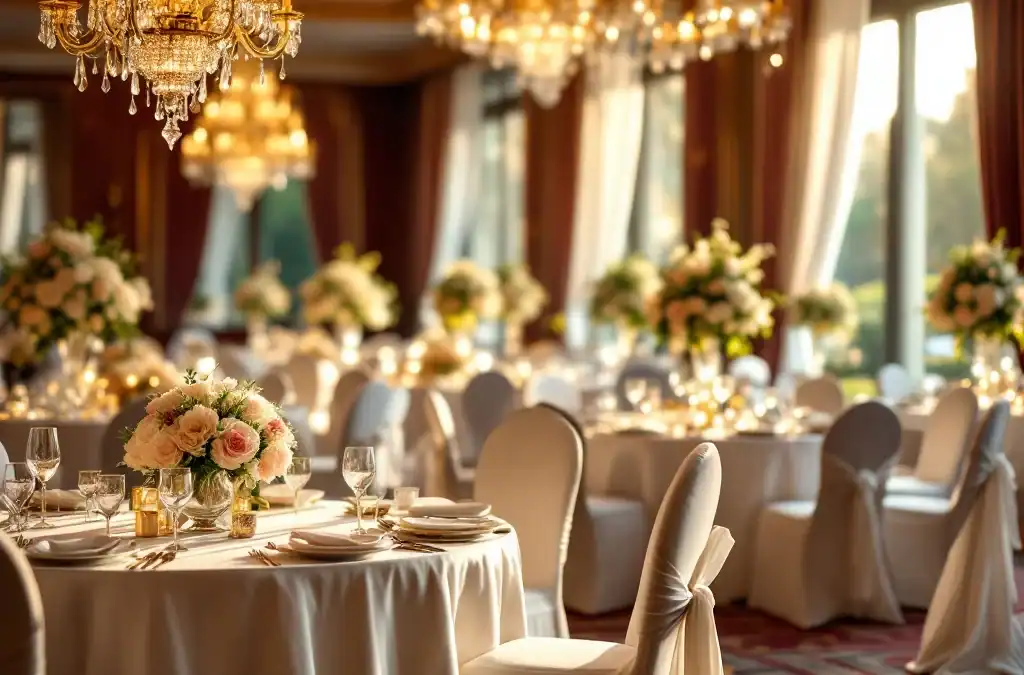 Luxe hotelballroom met kristallen kroonluchters, elegante receptietafel en romantische bloemstukken voor bruiloft