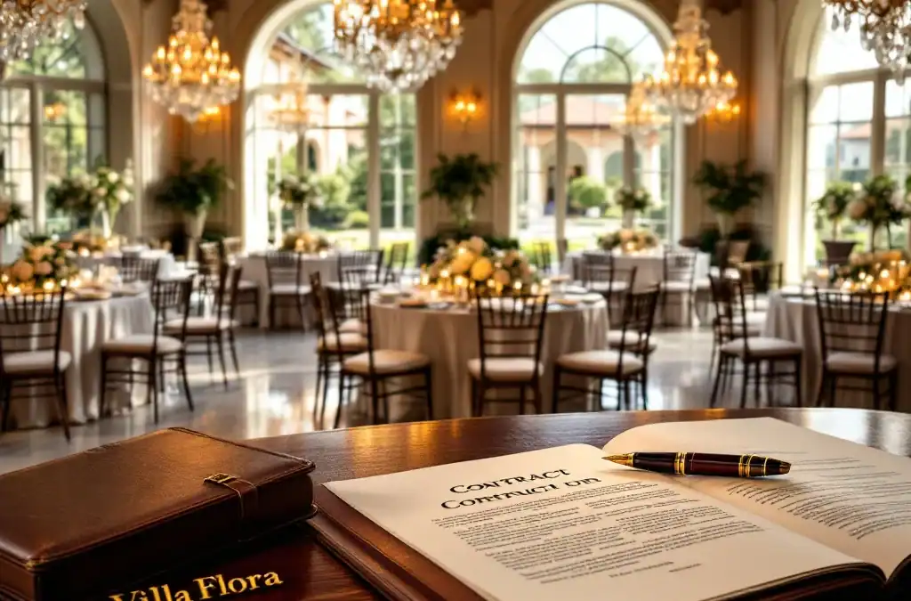 Luxe trouwlocatie met kristallen kroonluchters, marmeren vloeren en contract op mahonie bureau bij Villa Flora