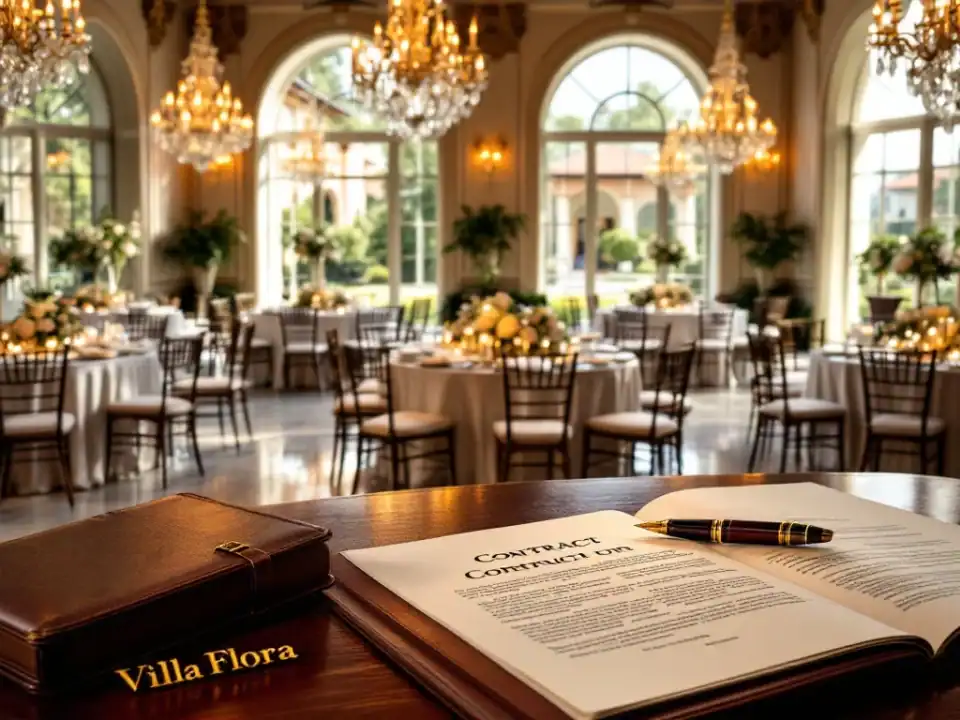 Luxe trouwlocatie met kristallen kroonluchters, marmeren vloeren en contract op mahonie bureau bij Villa Flora