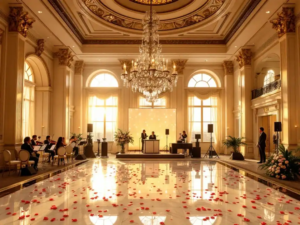 Luxe trouwzaal met gouden verlichting, strijkkwartet, DJ-booth, dansvloer met rozenblaadjes en kristallen kroonluchters