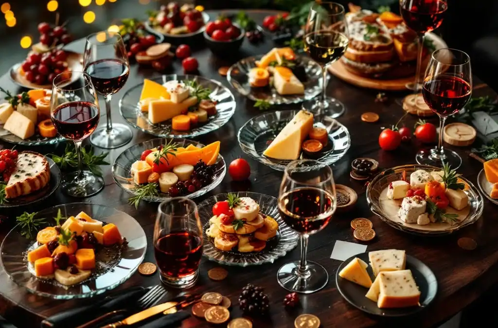 Luxe wijn arrangement van bovenaf met gourmet hapjes, kazen en wijnglazen op donkere houten tafel in restaurant